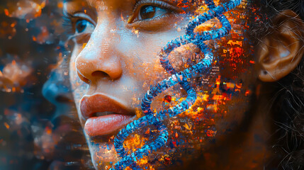 Aufkleber - Woman with artistic face illustration blending digital elements and vibrant colors at sunset