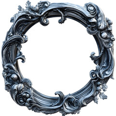 Poster - Ornate silver baroque circular frame featuring delicate floral scrollwork, revealing intricate metalwork design against transparent backdrop