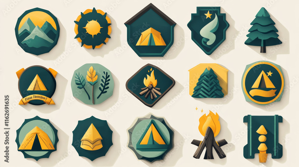 Ilustración de Stock Camping and outdoor adventure shield badge set ...