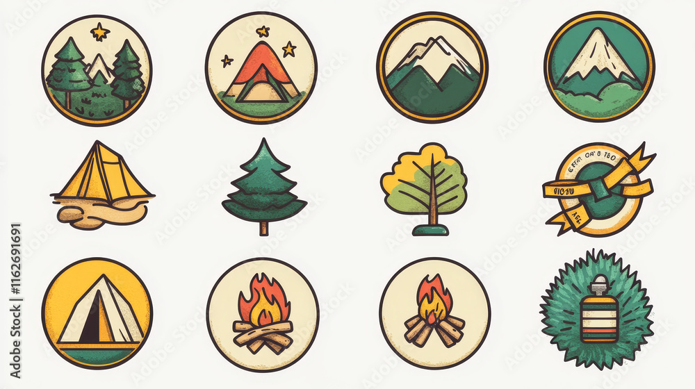 Camping and outdoor adventure shield badge set. Mountain camp and ...