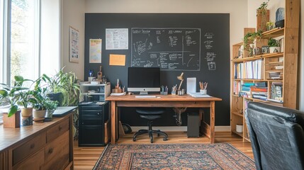 Aufkleber - A cozy home office with a desk, plants, and a chalkboard wall for organization.
