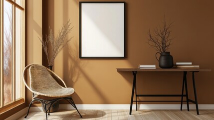 Poster - A cozy interior featuring a chair, table, and decorative elements against a warm wall.
