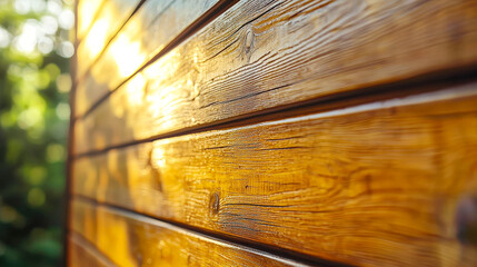 Aufkleber - Close-up view of a wooden wall illuminated by warm sunlight in a serene outdoor setting during late afternoon hours
