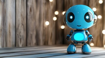 Poster - A cute blue robot with glowing eyes stands on a wooden surface, surrounded by soft lights.