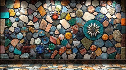 Poster - A decorative wall made of colorful stones and tiles, showcasing artistic design.