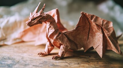 Aufkleber - A detailed origami dragon sculpture crafted from textured paper, showcasing intricate folds.