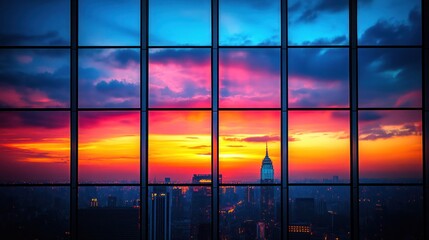 Poster - Colorful sunset cityscape view from a high-rise window.