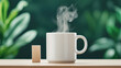 © JK_kyoto - steaming coffee cup on wooden table surrounded by greenery evokes warmth and comfort