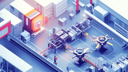 Poster - A digital rendering of a modern automated manufacturing facility with machinery and workers.