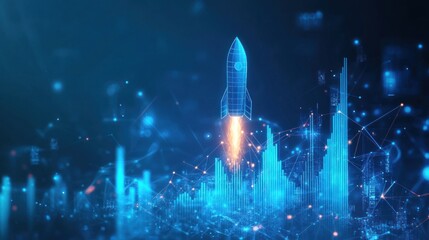 Leinwandbilder - A digital rocket launching into a futuristic cityscape, symbolizing innovation and technology.