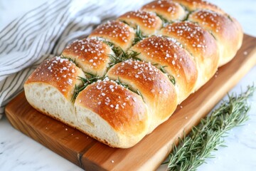 Wall Mural - A fresh loaf of Italian focaccia bread sprinkled with rosemary and coarse sea salt, served on a wooden board