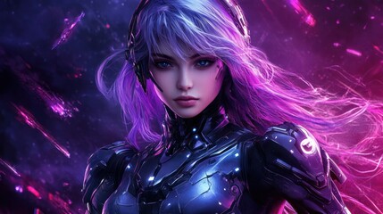 Poster - A futuristic character with purple hair in a sleek armored suit against a cosmic backdrop.