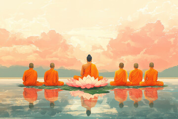 Wall Mural - Serene Buddhist banner design for Magha Puja, Asanha Puja, and Visakha Puja, featuring a meditative Buddha silhouette and contemplative elements. Banner. Copy space