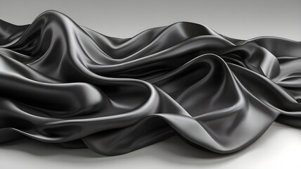 Dynamic black silk cloth with realistic wavy movement on white background