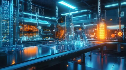 Poster - A futuristic laboratory filled with glowing equipment and glassware for scientific experiments.