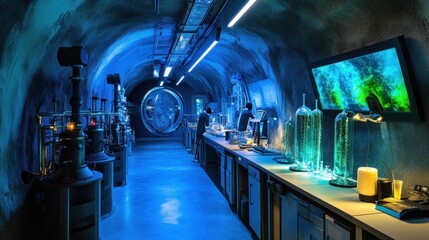 Poster - A futuristic laboratory with glowing containers and advanced equipment in a tunnel-like space.