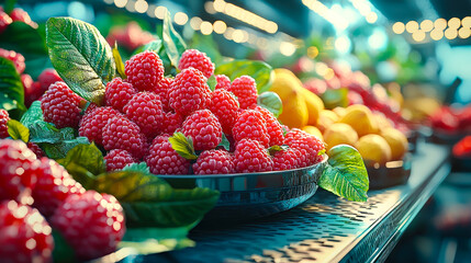 Poster - Colorful assortment of fresh raspberries and citrus fruits arranged beautifully at a bustling market stall during sunrise