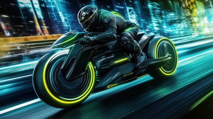 Aufkleber - A futuristic motorcycle speeding through a neon-lit urban landscape.