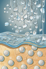 Poster - Droplets of water cascade over a textured skin surface, creating an appealing visual display of interaction between liquid and skin layers