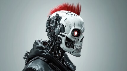 Poster - A futuristic robot with a skull-like face and red mohawk, blending technology and punk aesthetics.