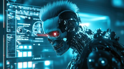 Fototapete - A futuristic robotic figure with a skull-like face and glowing red eyes, set against a digital backdrop.