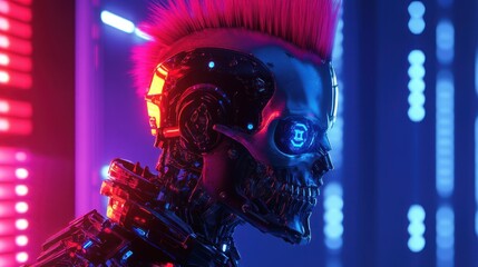 Poster - A futuristic robotic figure with punk aesthetics, illuminated by vibrant neon lights.