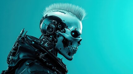 Poster - A futuristic robotic skull with a punk hairstyle, showcasing a blend of technology and art.