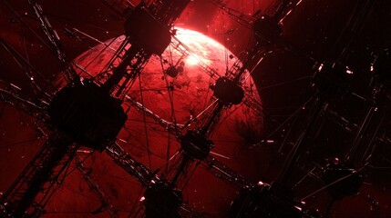 Aufkleber - A futuristic scene featuring a red planet and industrial structures in space.