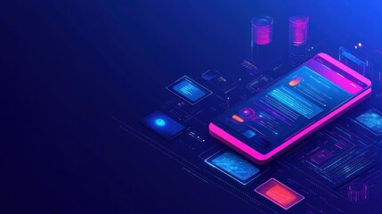 Fototapete - A futuristic smartphone on a digital interface with glowing elements and data displays.