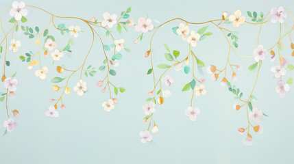 Poster - This artwork features a beautiful arrangement of delicate flowers and leaves in soft pastel hues against a calming blue backdrop
