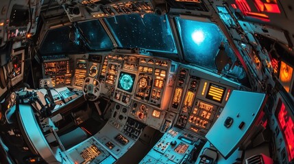 Aufkleber - A futuristic spacecraft cockpit illuminated with control panels and a view of space.