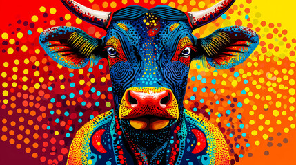 Fototapete - A striking cow artwork featuring vivid colors and intricate patterns, set against a bright, warm backdrop