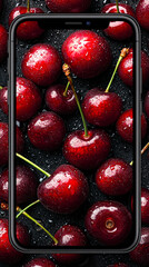 Fototapete - A collection of fresh cherries is framed by a smartphone against a dark background, glistening with drops of water