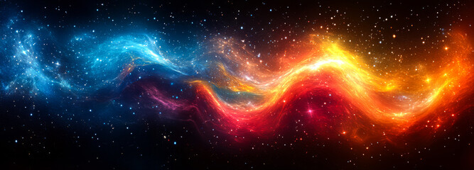 Wall Mural - a colorful, long, wavy line of stars and galaxies. the colors are blue, red, and yellow