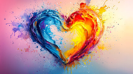 Leinwandbilder - A heart shape formed by swirling blue and orange colors, merging together. This artwork reflects emotions of love and unity through vibrant splashes on a soft background