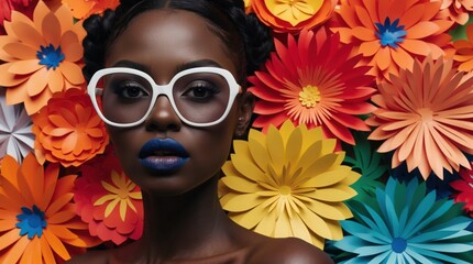 Poster - Striking beauty showcases bold style with vibrant blue lipstick and oversized glasses, set against a colorful backdrop of paper flowers in shades of orange, yellow, and pink