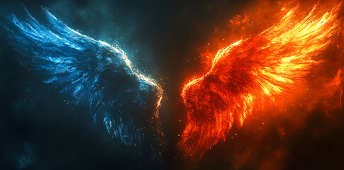 Wall Mural - two wings with blue and red flames. the blue wing is on the left and the red wing is on the right