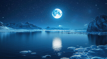 Aufkleber - The full moon casts a bright glow over calm waters surrounded by mountains, creating a peaceful winter atmosphere