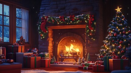 Wall Mural - Christmas night scene featuring holiday decor and gifts by the fireplace for festive greeting cards