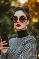 Wall Mural - an elegant woman with long, dark brown hair in a ponytail and red lipstick, wearing large sunglasses