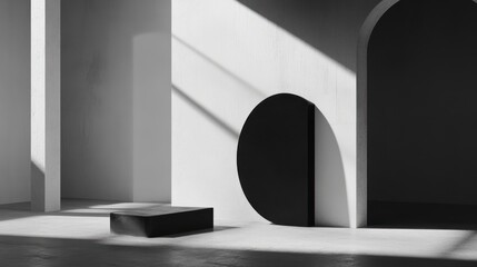 Poster - A minimalist interior scene featuring geometric shapes and contrasting light and shadow.