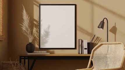 Poster - A minimalist workspace featuring a blank frame, desk, lamp, and decorative plant.