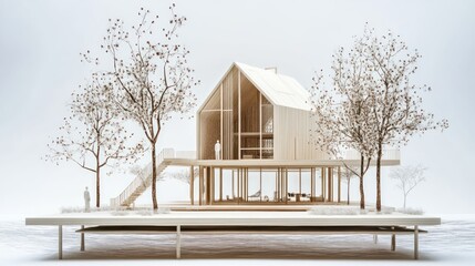 Poster - A modern architectural model of a house surrounded by trees and figures.