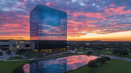 Poster - A modern glass building reflecting a vibrant sunset over a tranquil pond and green landscape.