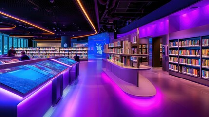 Leinwandbilder - A modern library interior with colorful lighting and bookshelves.