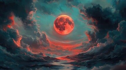 Wall Mural - Abstract fantasy landscape featuring a glowing red moon surrounded by a swirling cloudy sky