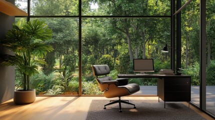 Poster - A modern office space with a view of lush greenery, promoting productivity and tranquility.