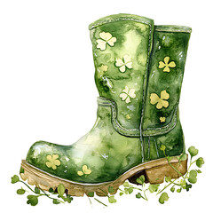 Wall Mural - Watercolor boot with shamrocks, perfect for St. Patrick Day celebrations. This vibrant green boot is adorned with clovers, symbolizing luck and festivity