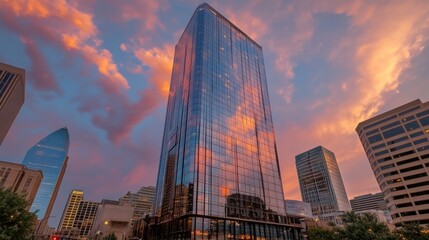 Poster - A modern skyscraper reflecting a colorful sunset in an urban setting.