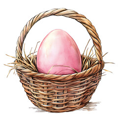 Wall Mural - beautiful watercolor illustration of pink Easter egg nestled in woven basket filled with straw, perfect for spring celebrations and festive decorations